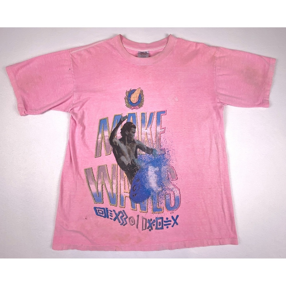 Vintage Distressed Oneita Power Surfer T-Shirt Pink XL Made in US Single Stitch